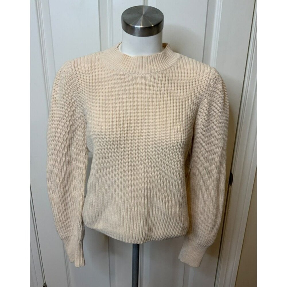 525 America Beige Mock Neck Puff Sleeve Rib Knit Sweater, Size S